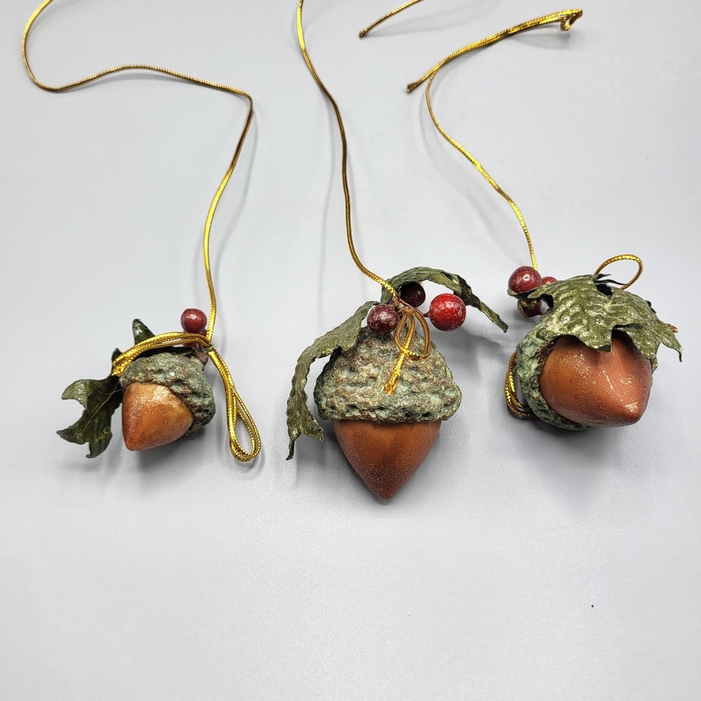 Acorn Christmas Tree Ornaments 3 pc Glitter Berries Leaves Holiday Tree Deco